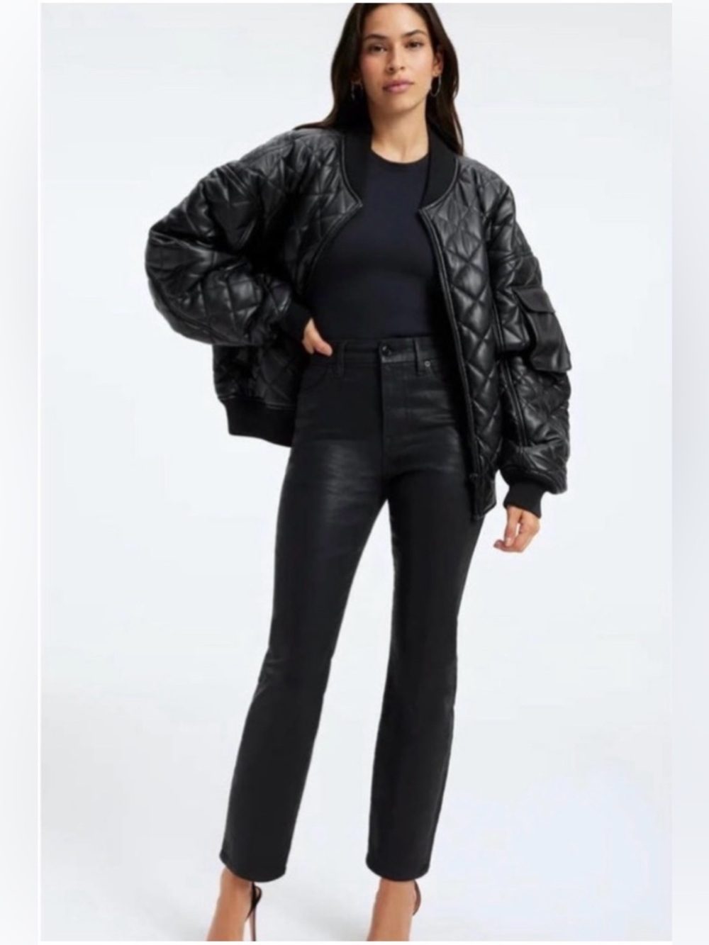 Good American Good Legs Straight Leg Coated Jeans Black High Rise Size 6